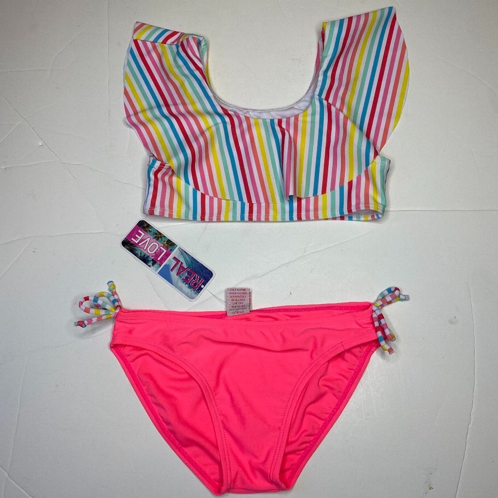Real Love, NWT girl's two piece bikini with solid bottoms and striped ruffle top